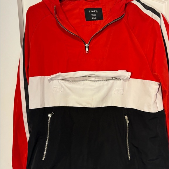 Rue 21 quarter zip windbreaker jacket. Men’s size small. Red, white,black stripe - Picture 2 of 7